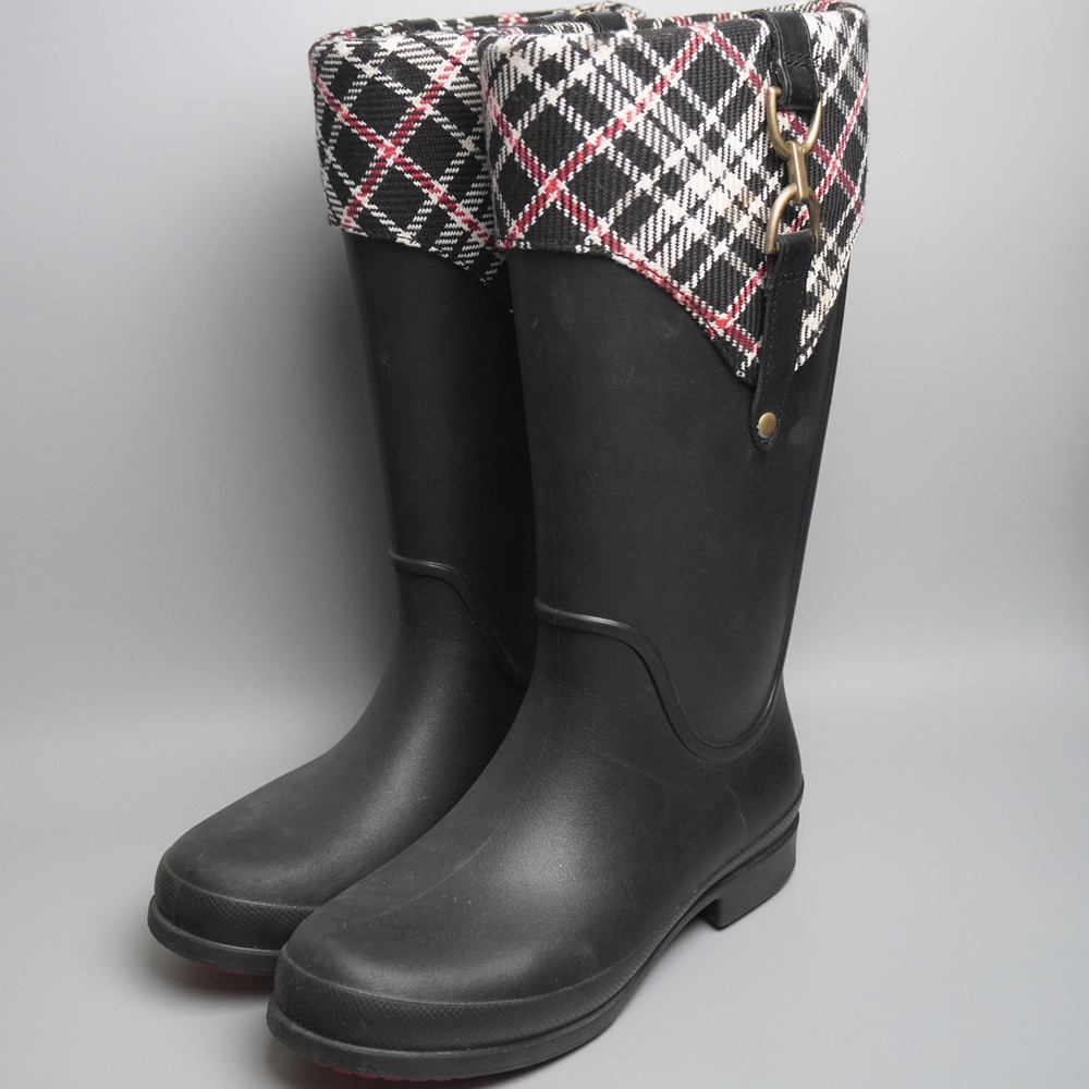 Crocs Womens Georgie Plaid Cuff Rain Boots Black Red White Size 8 Tall Rubber